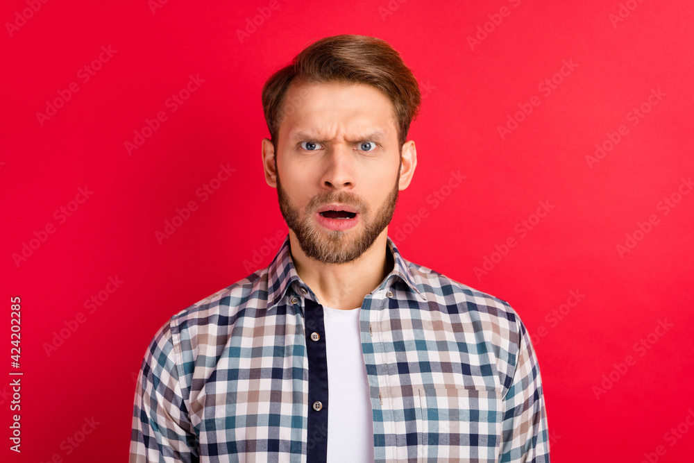 Fototapeta premium Photo of young handsome man unhappy sad upset negative angry fail problem isolated over red color background