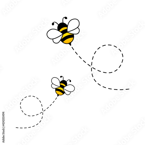Bees flying on dotted route. Cute bumblebee characters. Vector cartoon illustration isolated on white background
