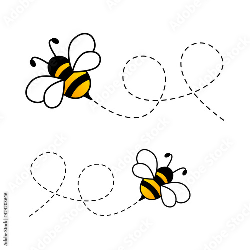 Bees flying on dotted route. Cute bumblebee characters. Vector cartoon illustration isolated on white background