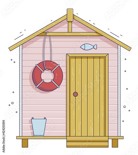 Cute vector illustration of fisherman house. Shack facade. Life buoy 