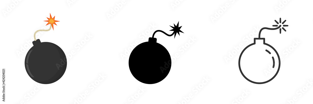 Bomb icon set. Boom symbol collection. Bombs with burning wick. Vector illustration isolated on white background. Bomb icon set. Boom symbol collection. Bombs with burning wick. Vector illustration isolated on white background.
