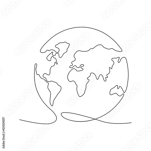 Continuous Earth line drawing symbol. World map one line art. Earth globe hand drawn insignia. Stock vector illustration isolated on white background