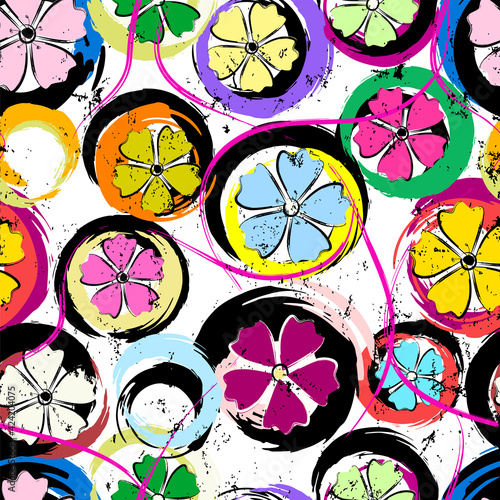 seamless circle pattern background, with flowers, lines, paint strokes and splashes