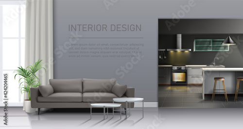 Vector realistic living room interior with big window and sofa, kitchen with kitchen appliances.