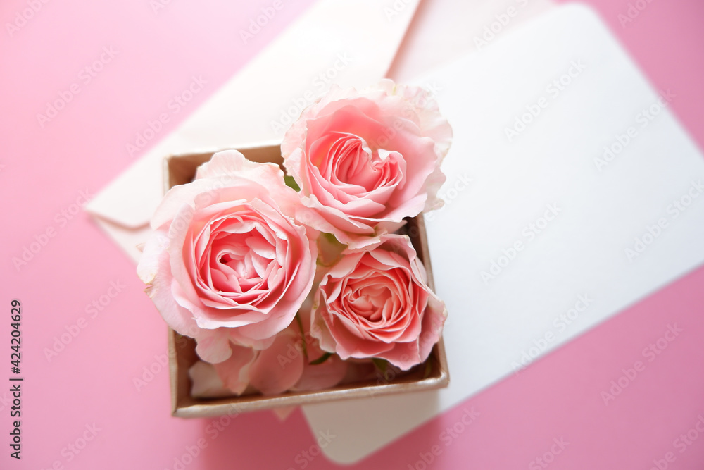 Spring greeting concept. Pink roses gift box with blank greeting card on pink background. Wedding, Bridal, Mother's day and Birthday. ピンク薔薇とカード、結婚式、母の日、誕生日のデコレーション背景 Spring greeting concept. Pink roses gift box with blank greeting card on pink background. Wedding, Bridal, Mother's day and Birthday. ピンク薔薇とカード、結婚式、母の日、誕生日のデコレーション背景