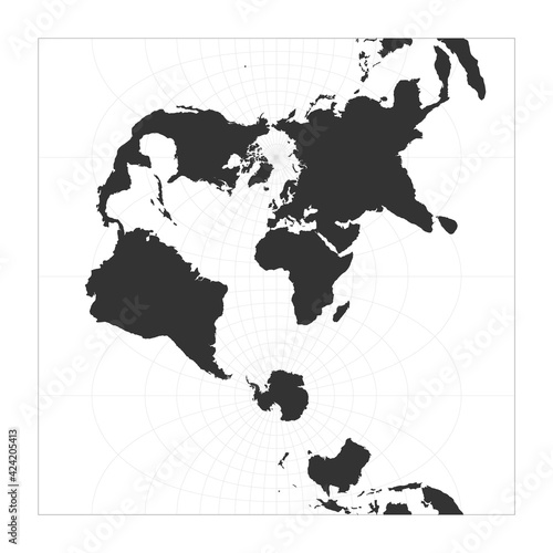 Map of The World. Transverse spherical Mercator projection. Globe with latitude and longitude net. World map on meridians and parallels background. Vector illustration.