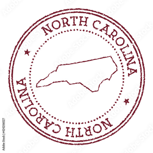 North Carolina round rubber stamp with US state map. Vintage red passport stamp with circular text and stars, vector illustration.