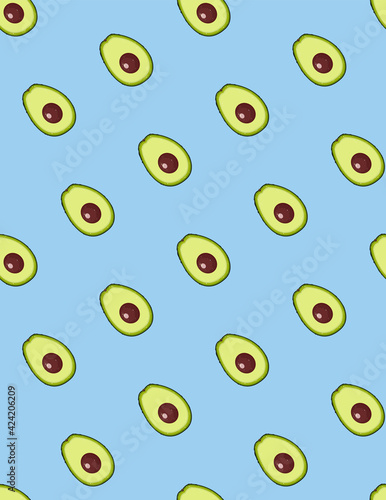 Seamless summer pattern with avocado's slices to blue background