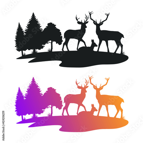 Deer Silhouette Family Scene Illustration. Vector Design Forest and Woodland.