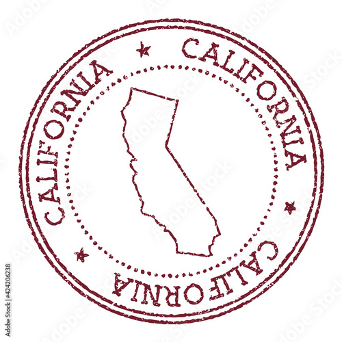 California round rubber stamp with US state map. Vintage red passport stamp with circular text and stars, vector illustration.