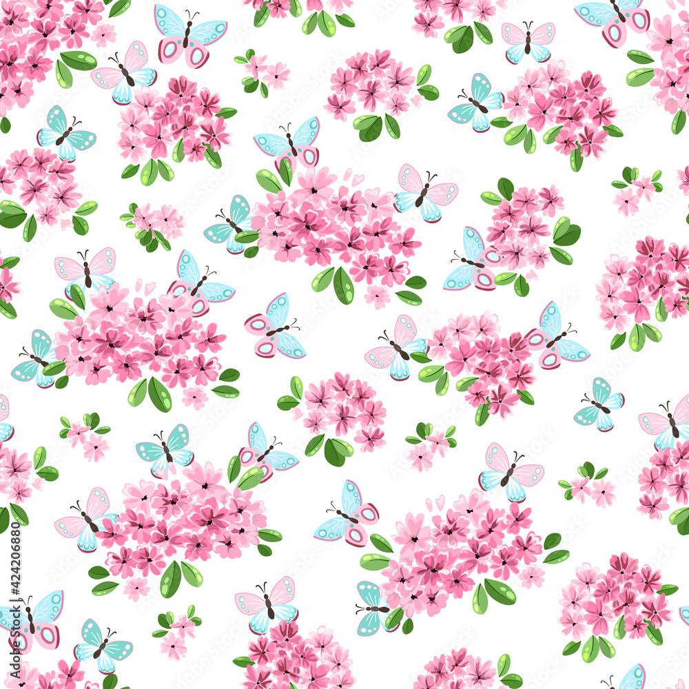 Seamless pattern with little pink flowers and butterfly