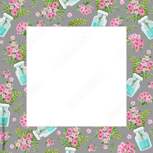Vector template with a bouquet of pink flowers and fern in a jar, a vase.