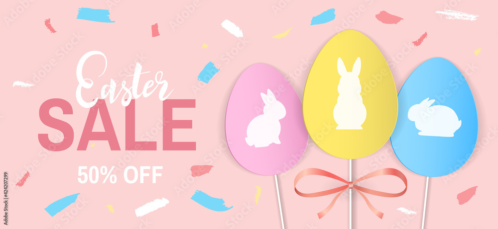 Easter Sale banner design template with handwritten lettering and paper decorative eggs with bunny silhouettes. 50% off