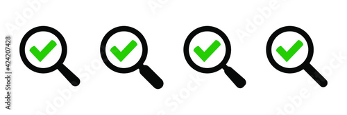 Magnifying glass with green check tick. Vector icon illustration design. For concepts of research, results found, success, reviews, examination, discovery.