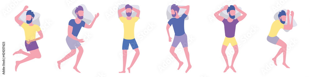 Sleeping man in various poses. View from above. Flat style. Vector illustration Sleeping man in various poses. View from above. Flat style. Vector illustration