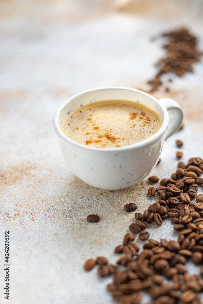 fresh coffee in a white cup hot drink trend meal copy space food background rustic. top view fresh coffee in a white cup hot drink trend meal copy space food background rustic. top view