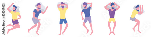 Sleeping man in various poses. View from above. Flat style. Vector illustration