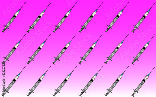 Textura de patrón de jeringa para pinchazos con medicamento sobre fondo rosa degradado. Ilustración horizontal.