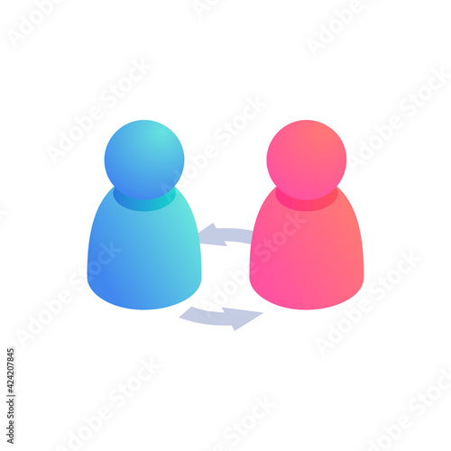 User exchange isometric icon. 3d data transfer concept with people and circle arrows. Vector business experience exchange sign