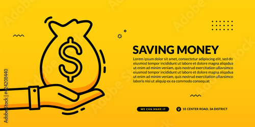 Hand hold money bag on yellow background, saving money concept