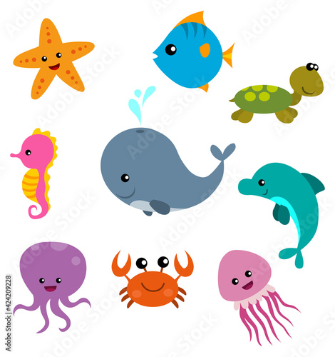 Cartoon sea life set of vector illustration