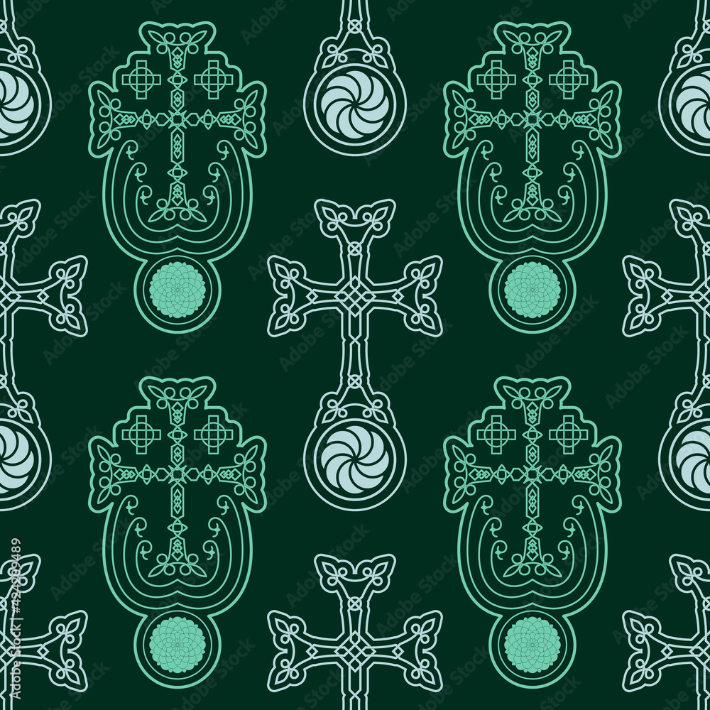Seamless pattern with ancient Armenian symbol Khachkar. Armenian cross stone for your project