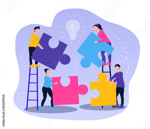 vector illustration on the theme of teamwork. people carry puzzle pieces. friendly staff, close-knit work. illustration for web, magazines, apps