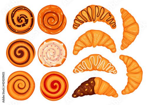 set of buns with chocolate and nuts and croissants with frosting. bakery products. vector illustration in cartoon style.
