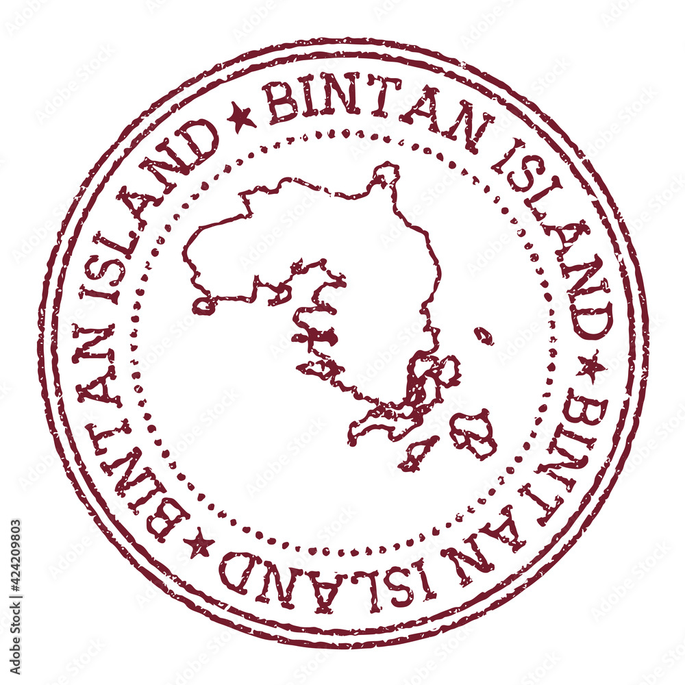 Bintan Island round rubber stamp with island map. Vintage red passport stamp with circular text and stars, vector illustration. Bintan Island round rubber stamp with island map. Vintage red passport stamp with circular text and stars, vector illustration.