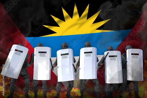 Wallpaper Mural Antigua and Barbuda protest fighting concept, police officers in heavy smoke and fire protecting peaceful people against revolt - military 3D Illustration on flag background Torontodigital.ca