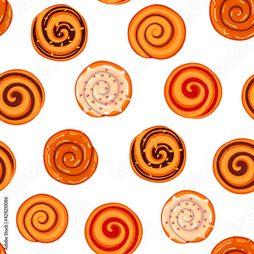 pattern with cinnamon rolls, jam and frosting. bakery product. vector illustration in cartoon style.