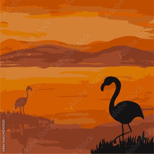 Tropical flamingo silhouette on sea and orange sunset background simple vector illustration