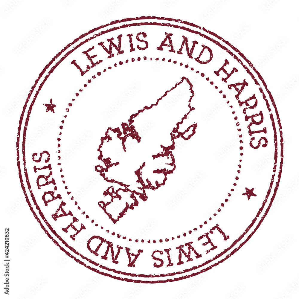 Lewis and Harris round rubber stamp with island map. Vintage red passport stamp with circular text and stars, vector illustration. Lewis and Harris round rubber stamp with island map. Vintage red passport stamp with circular text and stars, vector illustration.
