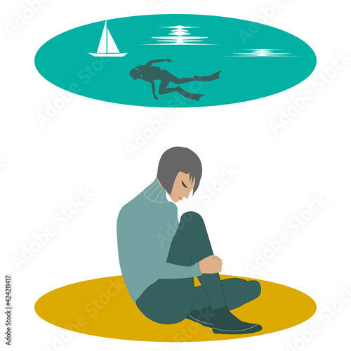 Tired guy dreaming of a seaside vacation, diving - vector. Travel planning. Depression. Mental health.