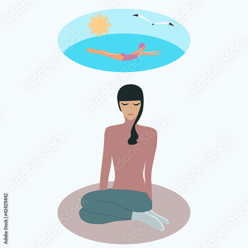 Sad girl dreaming about vacation at sea - vector. Travel planning. Depression. Mental health.