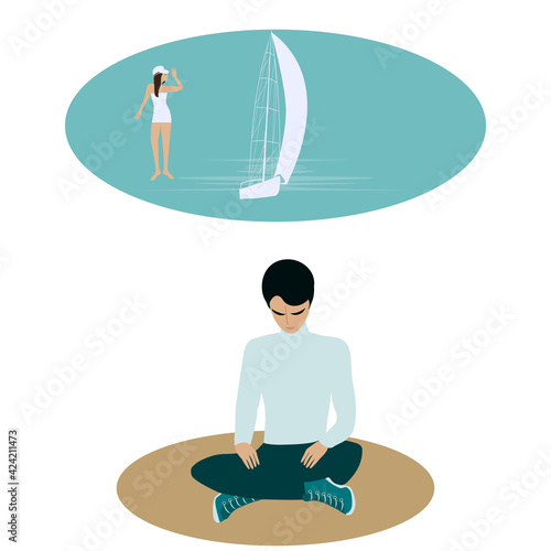 Sad guy dreams of a seaside vacation with a girl - vector. Travel planning. Depression. Mental health.