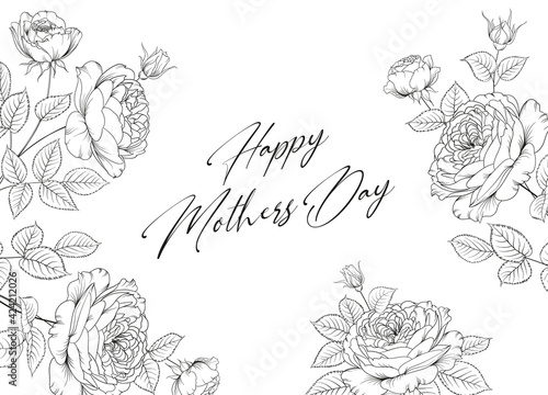 Greeting card Mother's day with line art flowers. Hand drawn flower.