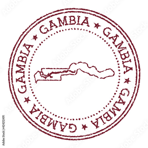 Gambia round rubber stamp with country map. Vintage red passport stamp with circular text and stars, vector illustration.