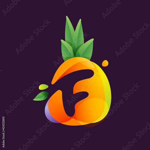 Vivid Pineapple fruit with Letter F negative space logo.