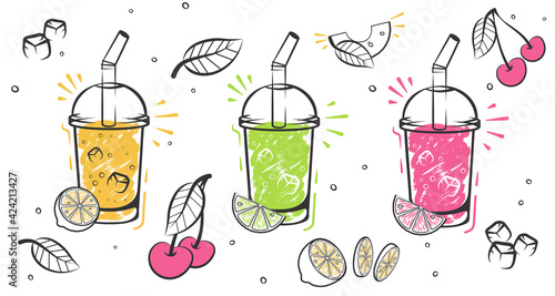 Superfoods and health or detox diet food concept in sketch style. Smoothie recipe with a bottle and ingredients. Detox, healthy eating.
