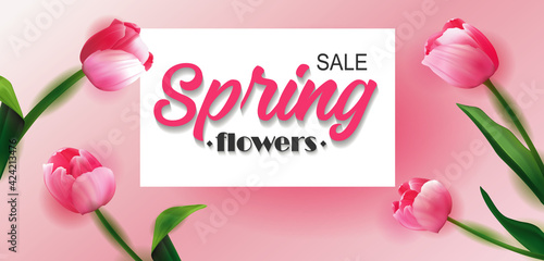 Spring big sale card with tulips and serpentine. Spring sale cheerful tulip design. EPS 10 vector
