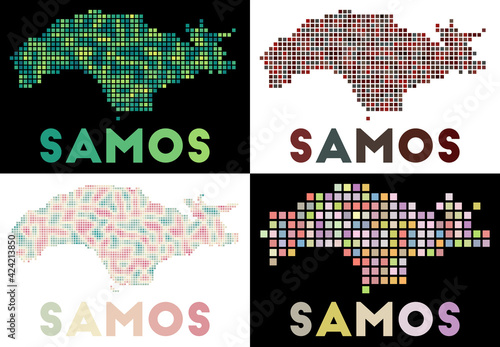 Samos map. Collection of maps of Samos in a dotted style. Borders of the island filled with rectangles for your design. Vector illustration.