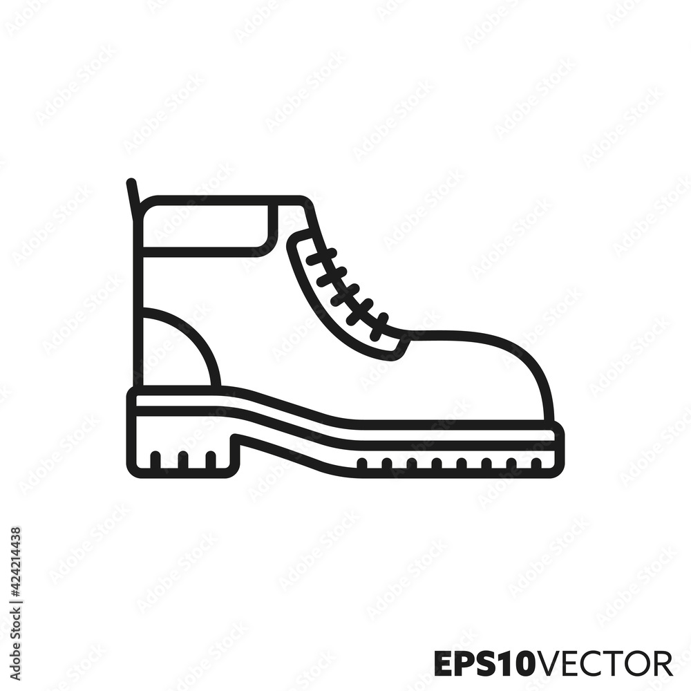 Hiking boot line icon. Outline symbol of footwear and outdoor pursuits. Shoe flat vector illustration. Hiking boot line icon. Outline symbol of footwear and outdoor pursuits. Shoe flat vector illustration.