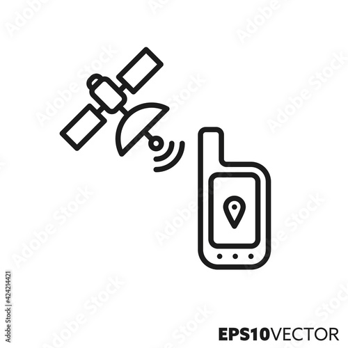 Navigation by GPS line icon. Outline symbol of satellite and handheld GPS device. Geocaching concept vector illustration.