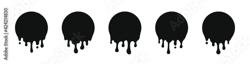 Paint drip stickers set. Circle melt drop icons. Graffiti paint drip blobs. Flowing liquid. Molten chocolate.