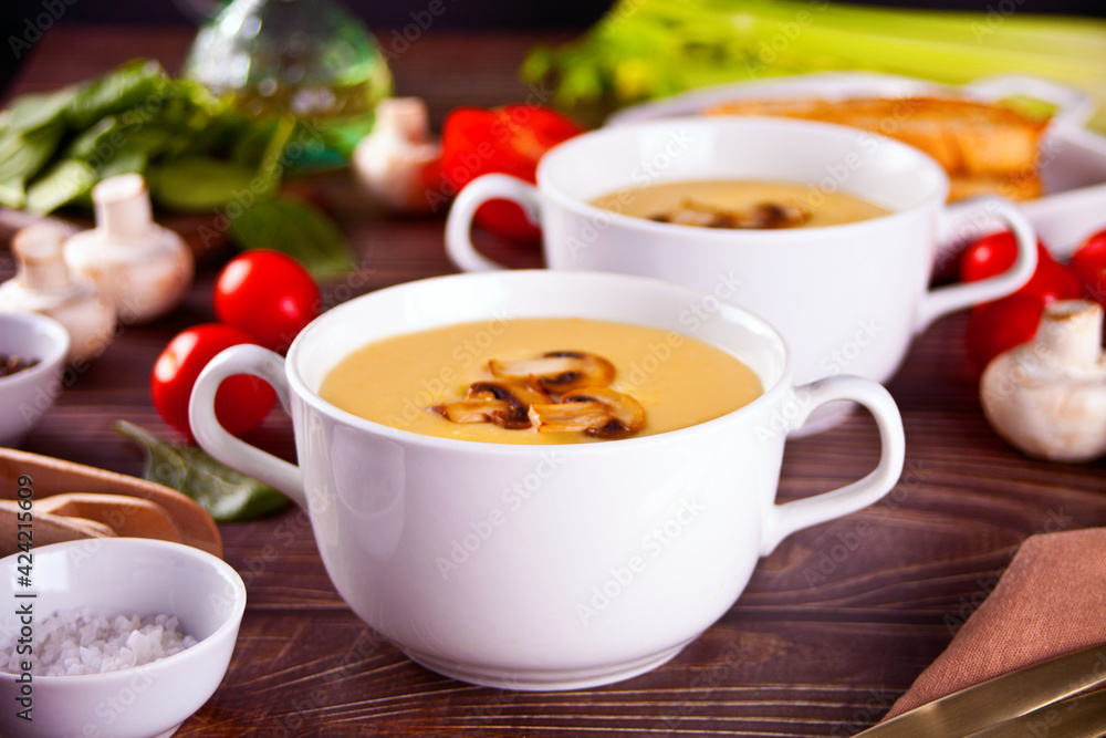 Cream of mushroom soup with sliced mushrooms. Cream of mushroom soup with sliced mushrooms.