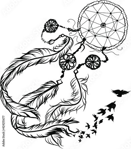 Dreamcatcher isolate vector.Amulet Dreamcatcher transform to the bird.Hand drawn and coloring book design.