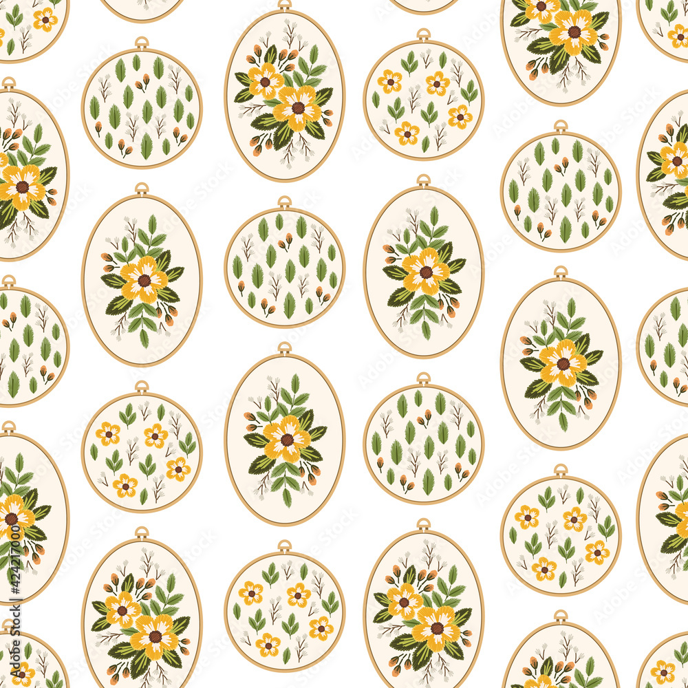 Seamless floral pattern with hoops and embroidered yellow bouquet of flowers