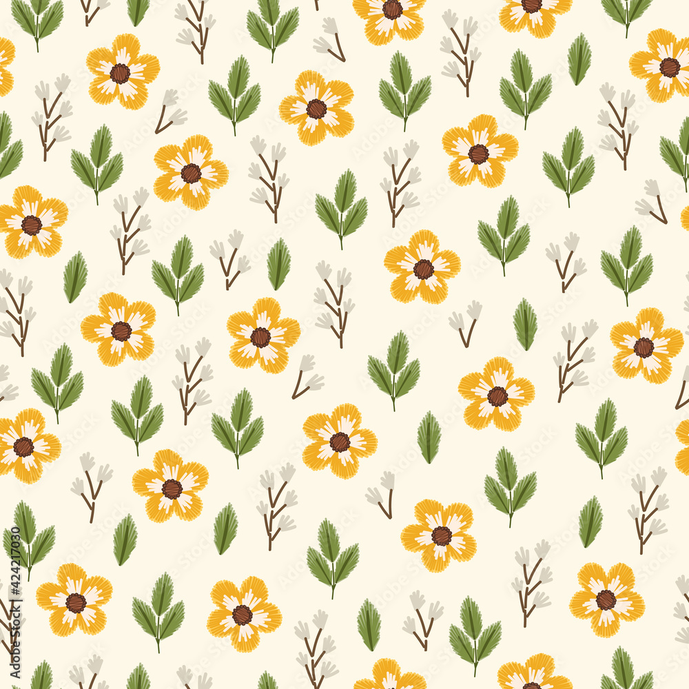 Seamless floral pattern with embroidered leaves and yellow flowers