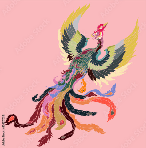 hand drawn Chinese peacock tattoo.Asian Phoenix fire bird tattoo design.Colorful Phoenix fire bird colouring book illustration.Hand drawn Japanese tattoo style.